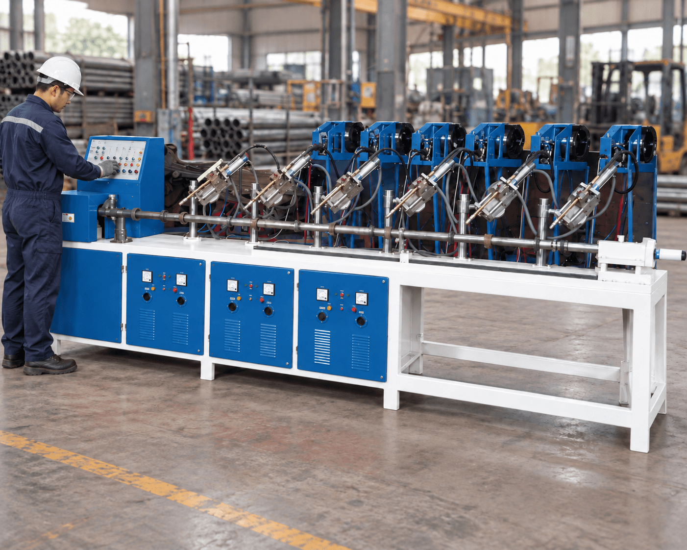 Illustration of a worker operating an automatic cuplock vertical welding machine